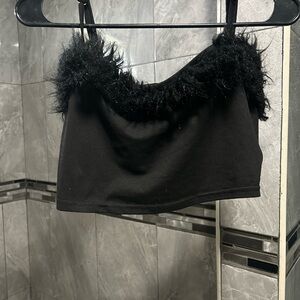 Black Fuzzy Trim Crop Top